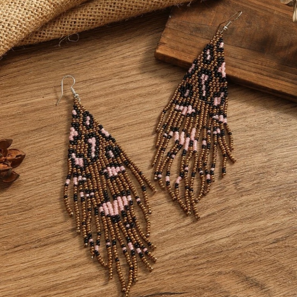 ⭐️❤️❤️ FREE Tassel Fringe Beaded Leopard Cheetah Hipster Hippie Artsy Earrings